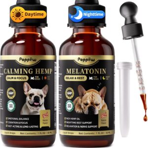 Dog Calming & Melatonin Drops, Day & Night Calm Support Set, Anxiety & Stress Support Calming Treat, Enhance Calmness & Sleep for Separation, Travel, Fireworks & Thunder, Bacon Flavor, 2 FL.Oz