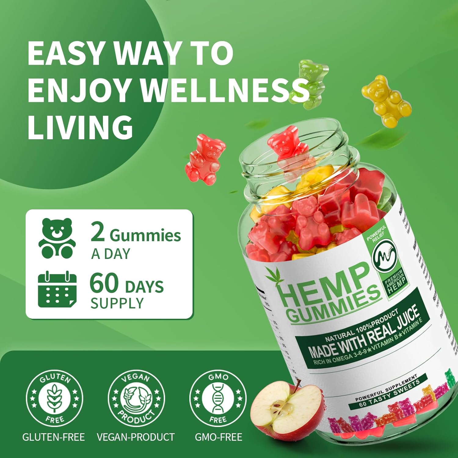 M inch 2 Pack Hemp Gummies 1 200 000mg High Strength Stress Relief Fruity Gummy Bear with Hemp Oil 100percent Natural Hemp Candy Supplements Promotes Sleep and Calm Mood 60 Count Pack of 2 - Image 7