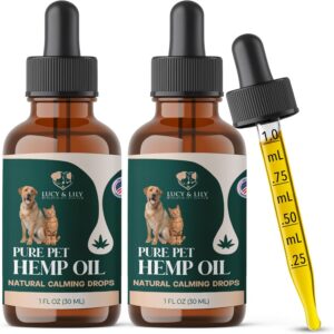 Pure Pet Hemp Oil by Lucy and Lily| Helps with Anxiety, Pain, Stress, Sleep, Seizures, Skin & Coat Health| Calming Drops for Cats & Dogs| 100% Natural Liquid Hemp Oil | Safe for All Pets | 2 Pack