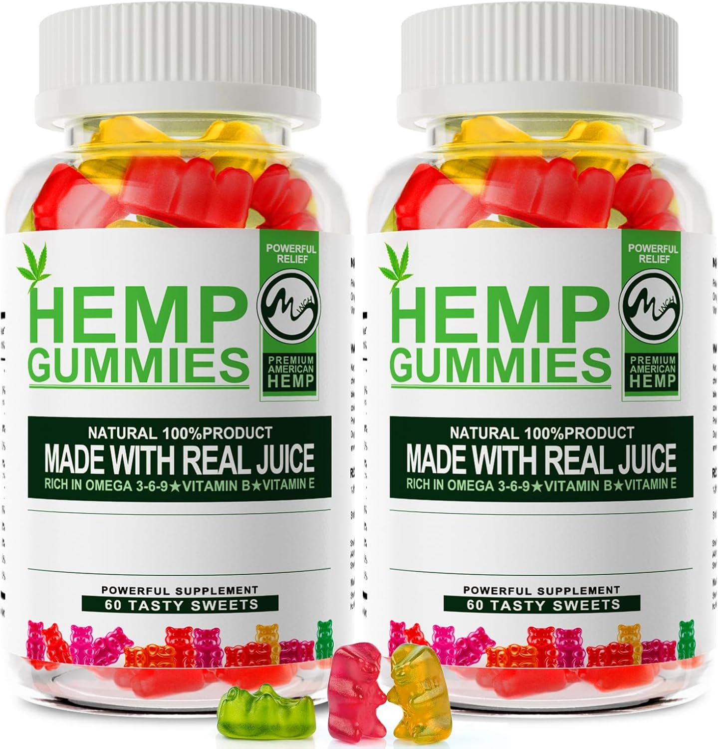 M inch 2 Pack Hemp Gummies 1 200 000mg High Strength Stress Relief Fruity Gummy Bear with Hemp Oil 100percent Natural Hemp Candy Supplements Promotes Sleep and Calm Mood 60 Count Pack of 2