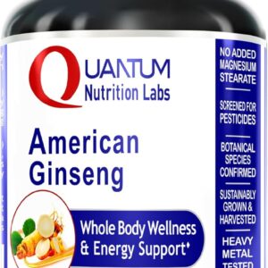 Quantum Nutrition Labs American Ginseng Supplement - North American Herbal Ginseng Root Pills, Calming Energy Herb Extract Supplement - 60 Plant-Based Capsules