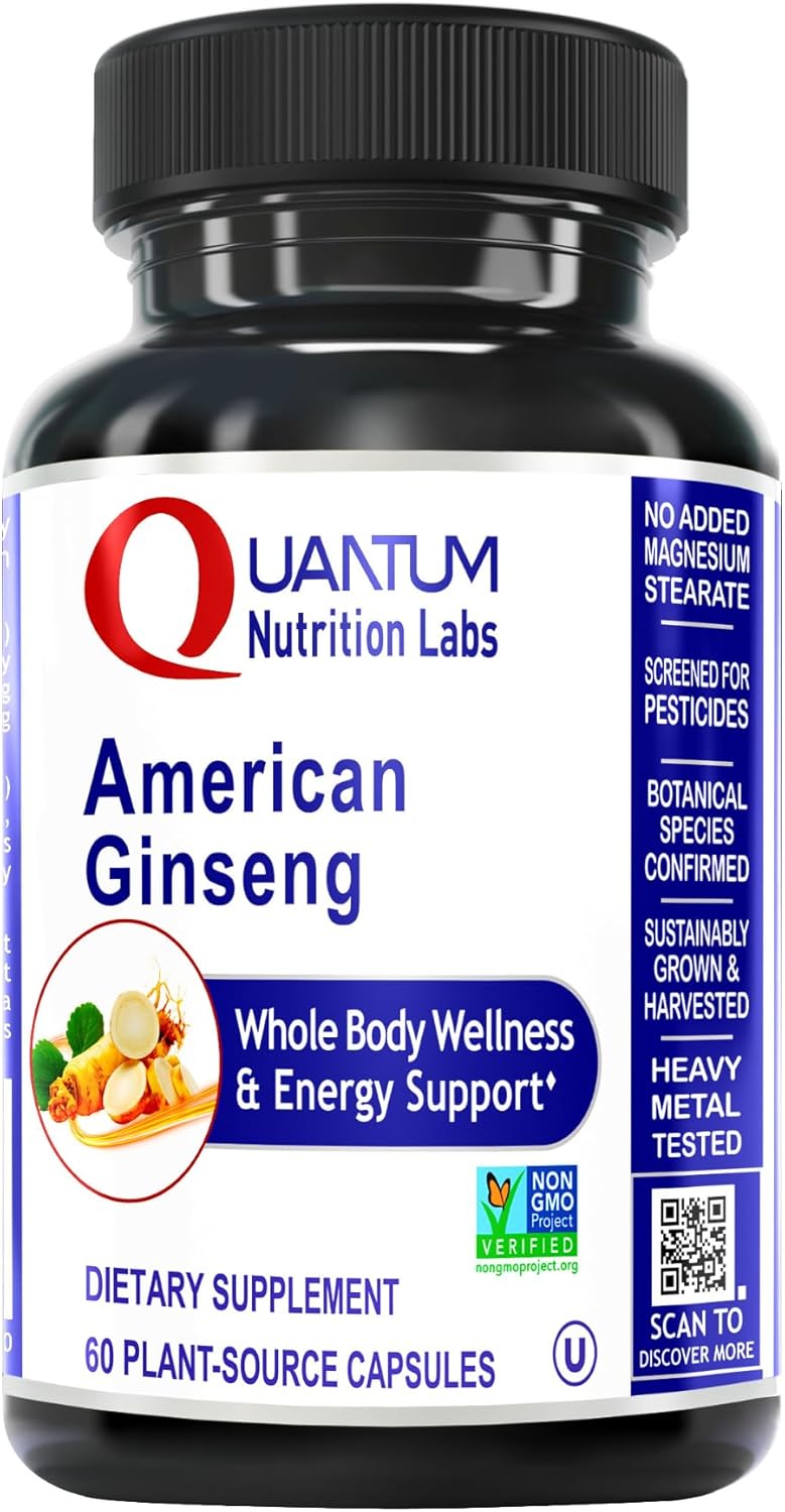 Quantum Nutrition Labs American Ginseng Supplement - North American Herbal Ginseng Root Pills, Calming Energy Herb Extract Supplement - 60 Plant-Based Capsules