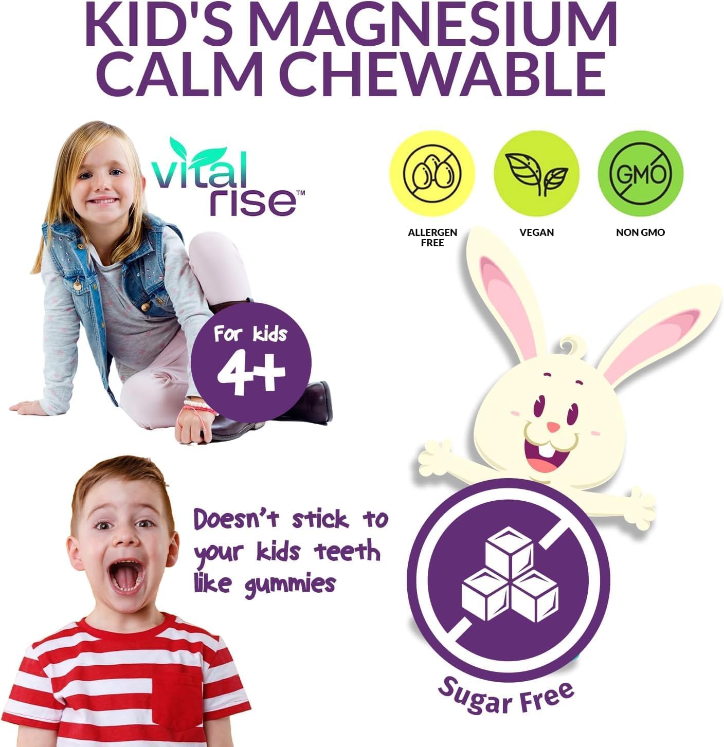 Kids Magnesium Chewable Tablets - Sugar-Free & Melatonin-Free Supplement for Calm, Focus & Healthy Stress Balance with Fast-Absorbing Magnesium + L-Theanine, Mixed Fruit Flavor (60 Count) - Image 3
