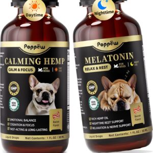 Hemp & Melatonin Calming Drops for Dogs – Day & Night Calming Treat for Anxiety Relief, Stress, Aggression, Separation, Relaxation & Sleep Aid, Bacon Flavor, 2 FL Oz