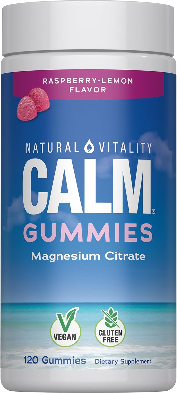 Natural Vitality Calm, Magnesium Citrate Supplement, Stress Relief Gummies, Supports a Healthy Response to Stress, Gluten Free, Vegan, Raspberry Lemon, 120 Gummies