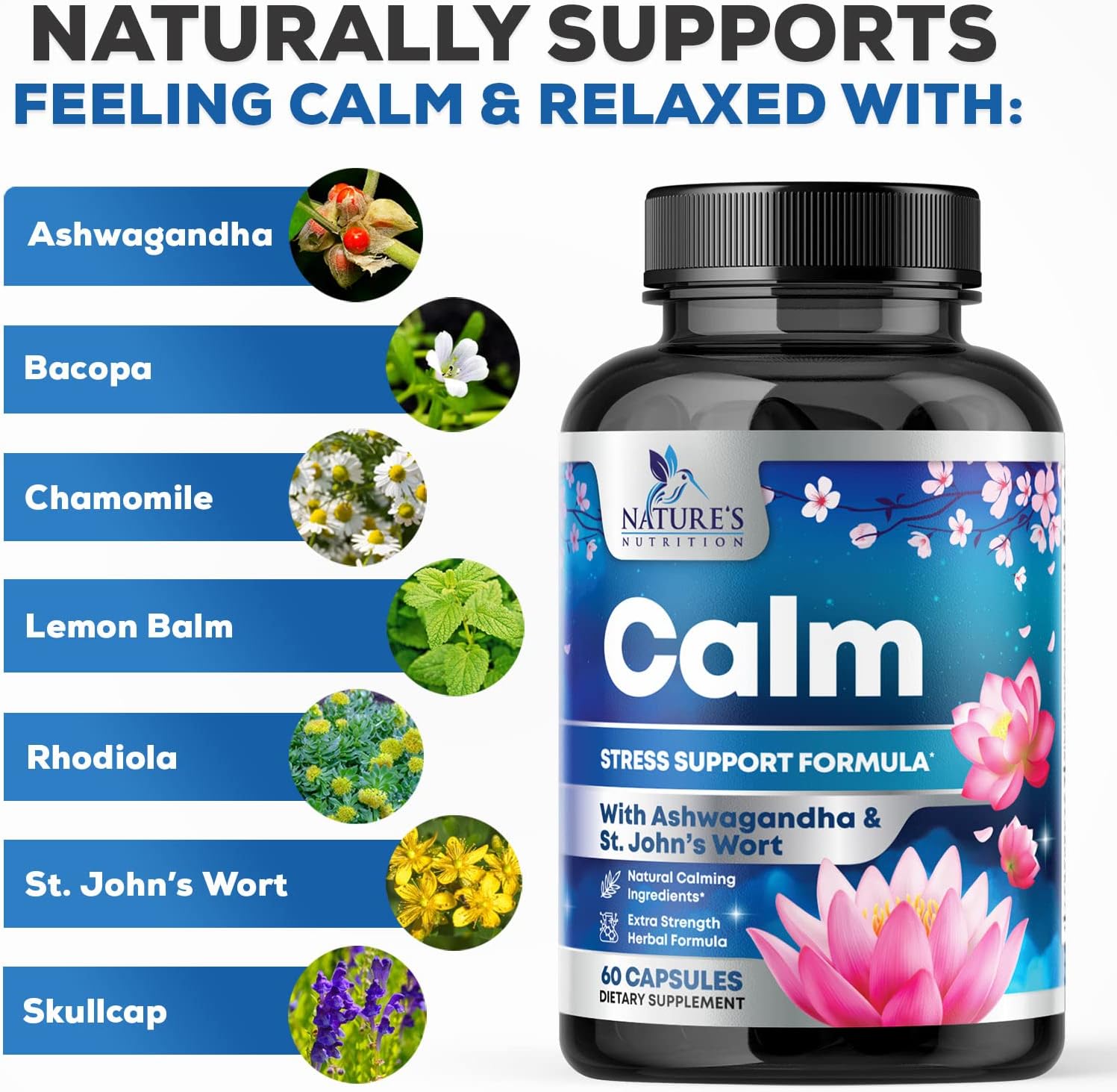 Stress Support Supplement - Extra Strength Ashwagandha, GABA, Magnesium, L-Theanine for Relief - Supports Mood & Focus - Naturally Calm, Unwind & Relax - Eases Tension & Nervousness - 60 Capsules - Image 3