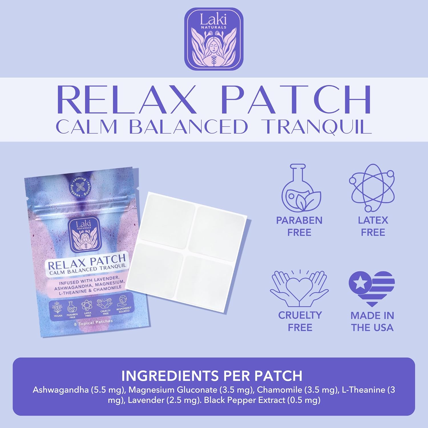 Laki Naturals Relax Patch (Pack of 8) | Natural Plant-Based Ingredients for Stress and Worry | Calming Formula for Better Sleep - Image 6