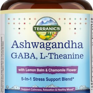 Terranics Ashwagandha L-Theanine Supplement for Stress Relief, Combined with GABA, Lemon Balm, Chamomile Flower Extract, Non-GMO, Stay Calm & Relaxed, Boost Cognitive Function, 60 Vegan Capsules