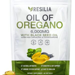 Resilia Softgels with Black Seed Oil 6000mg – Organic Oregano Oil Capsules for Immune & Digestive Support – Non-GMO, Gluten-Free Softgels – Natural Herbal Wellness Supplement (60 Count)