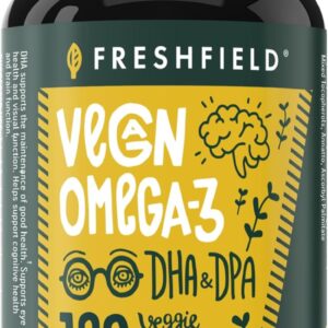 Freshfield Vegan Omega 3, Algae (Algal) Oil, Fish Oil Free Company, Third Party Tested, Carrageenan Free, DHA Supplement w/DPA, Plant Based Omega. Supports Heart, Brain, Joint Health