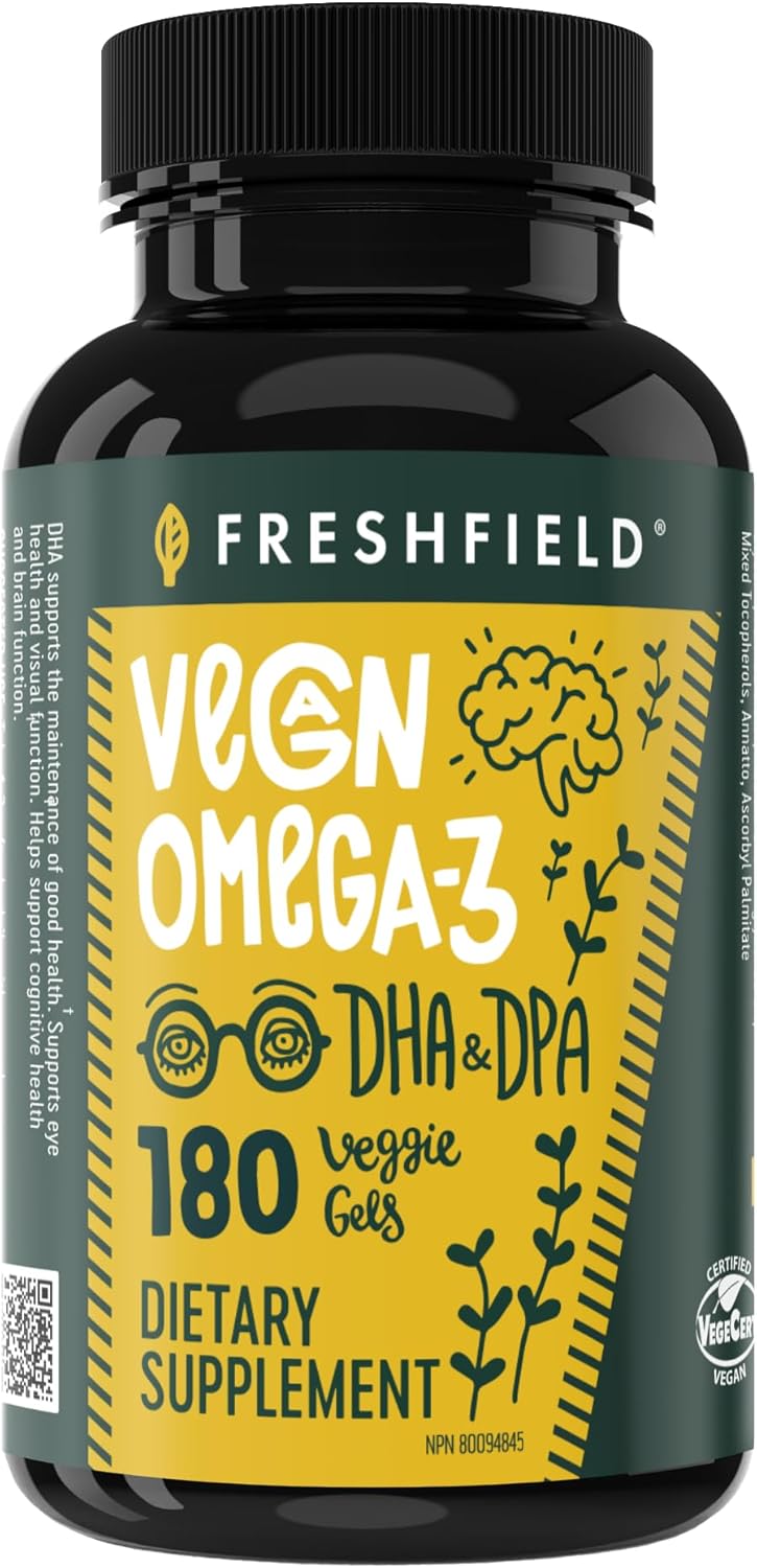Freshfield Vegan Omega 3, Algae (Algal) Oil, Fish Oil Free Company, Third Party Tested, Carrageenan Free, DHA Supplement w/DPA, Plant Based Omega. Supports Heart, Brain, Joint Health