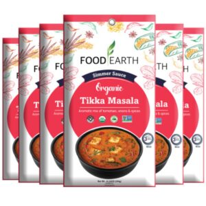 Food Earth Indian Simmer Sauce – Tikka Masala – Organic, Vegan, Gluten-Free, GMO-Free – Microwavable Cooking Sauce – 12 Pouches (5.29 oz Each)