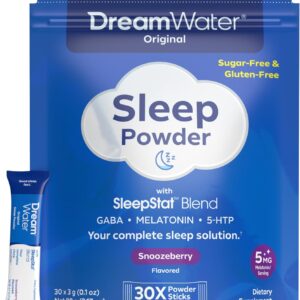 Dream Water Sleep Aid Powder; Melatonin 5mg, GABA, 5-HTP; Natural Flavors; Helps You to Fall Asleep, Fast, and Wake Refreshed; Snoozeberry, 30-Count.