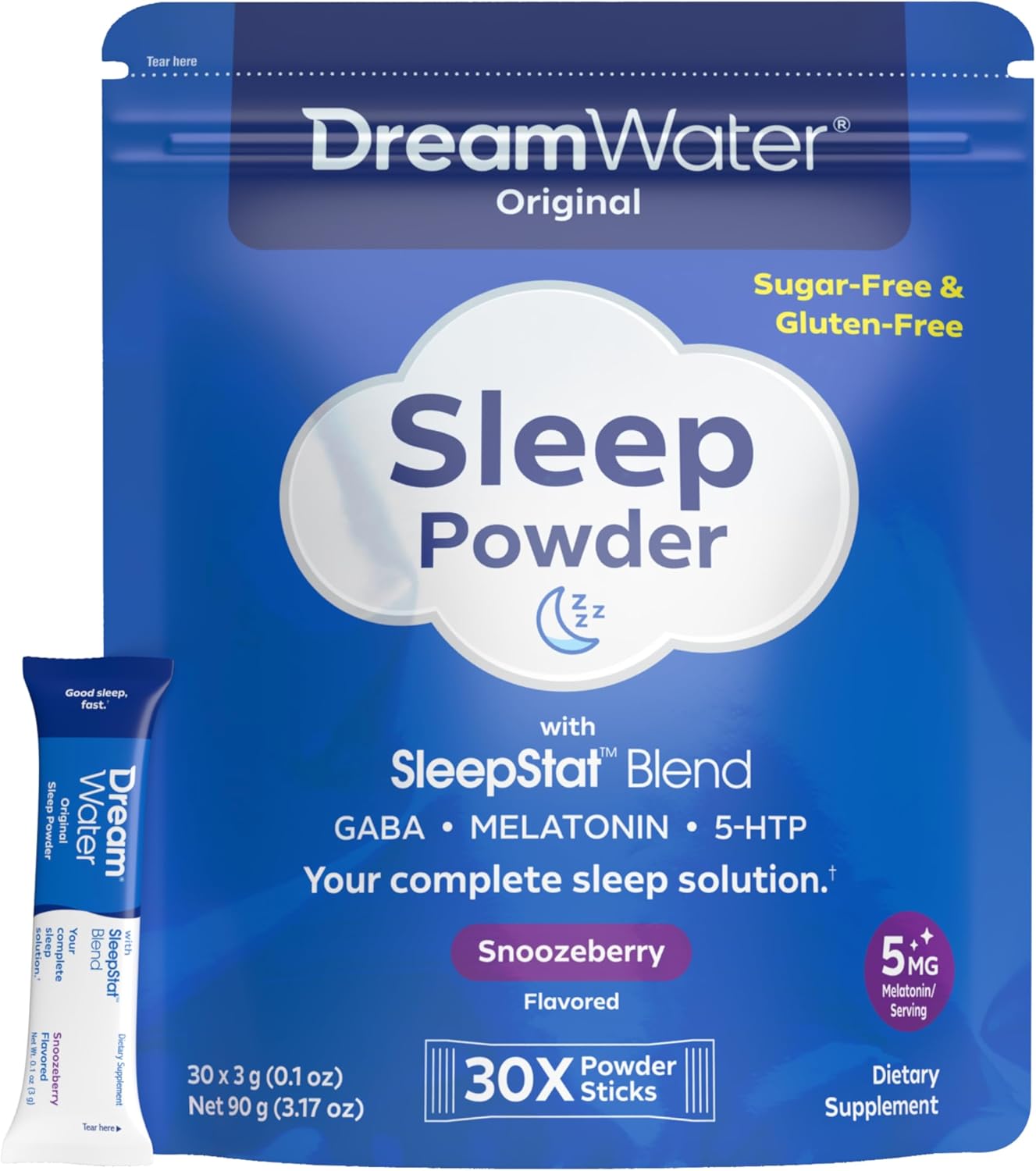Dream Water Sleep Aid Powder; Melatonin 5mg, GABA, 5-HTP; Natural Flavors; Helps You to Fall Asleep, Fast, and Wake Refreshed; Snoozeberry, 30-Count.
