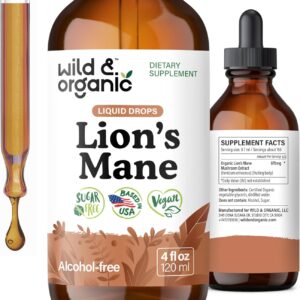 Wild & Organic Lions Mane Liquid Drops - Brain & Focus Support - 84-Day Supply - Lion's Mane Mushroom Supplement - Hericium Erinaceus Mushroom Drops - Sugar & Alcohol-Free Extract Tincture - 4 fl oz