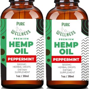 Pure Wellness Hemp Seed Oil Drops Peppermint Flavor for Improved Cognitive Function, Omega 3 6 9 Fatty Acids, Organic, Non-GMO, Vegan (5,000mg 2-Pack)