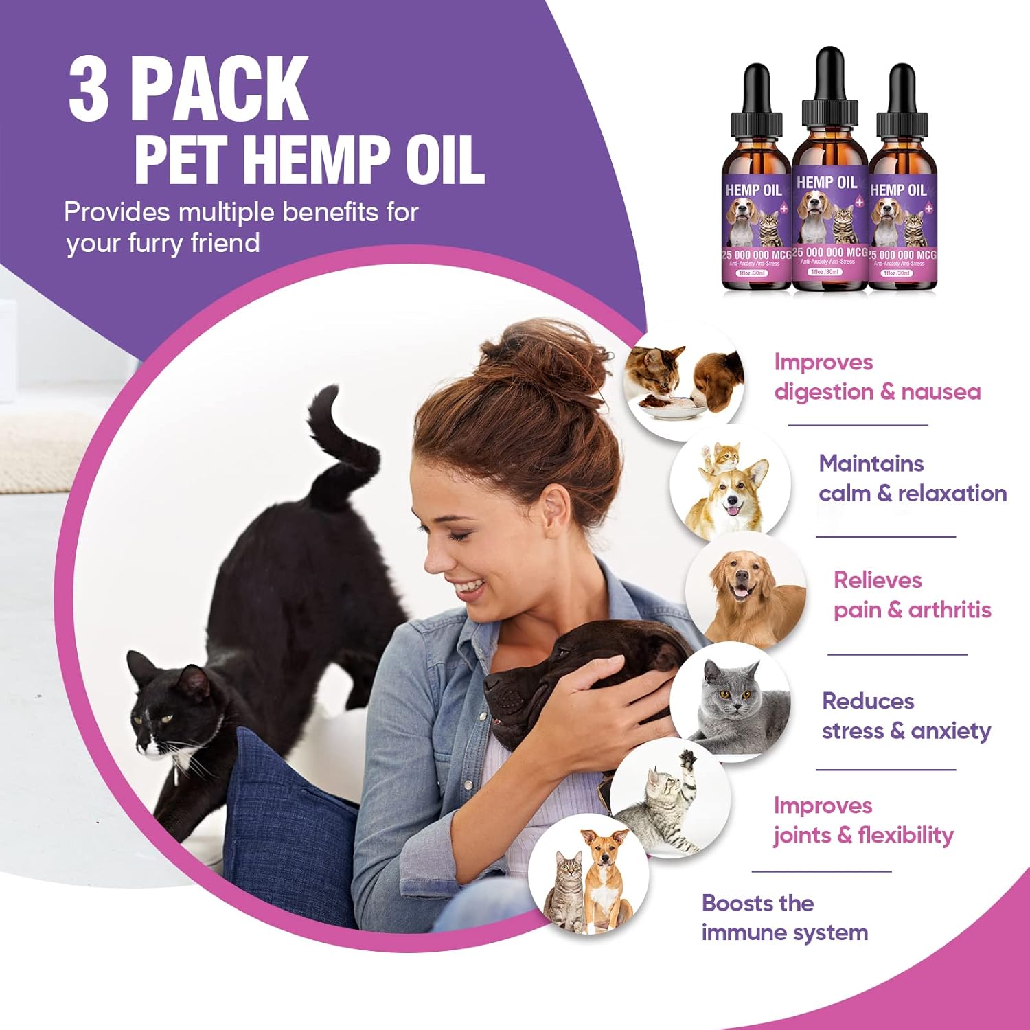 Hemp Oil for Dogs and Cats 3 Pack Relief Pet with Anxiety Stress Pain Aggressive - Image 2
