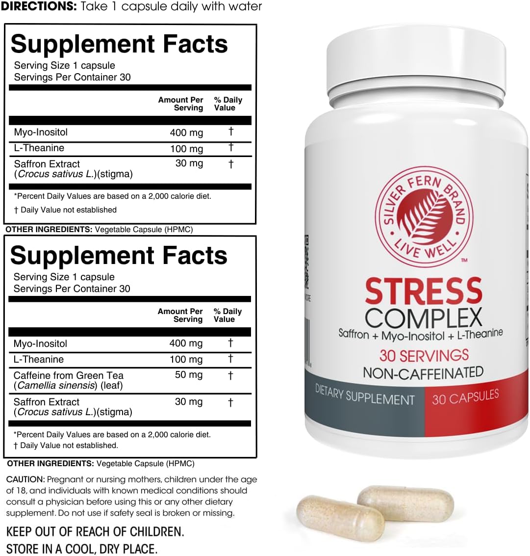 Silver Fern Stress Complex Supplement - Without Caffeine - Sleep, Worry, Mood & More - with Saffron Supplements, L-Theanine Supplement, & Myo-inositol - Natural Stress Relief Supplement (Pack of 1) - Image 2
