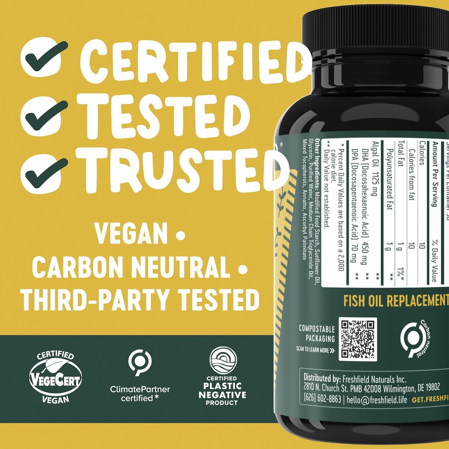 Freshfield Vegan Omega 3, Algae (Algal) Oil, Fish Oil Free Company, Third Party Tested, Carrageenan Free, DHA Supplement w/DPA, Plant Based Omega. Supports Heart, Brain, Joint Health - Image 3