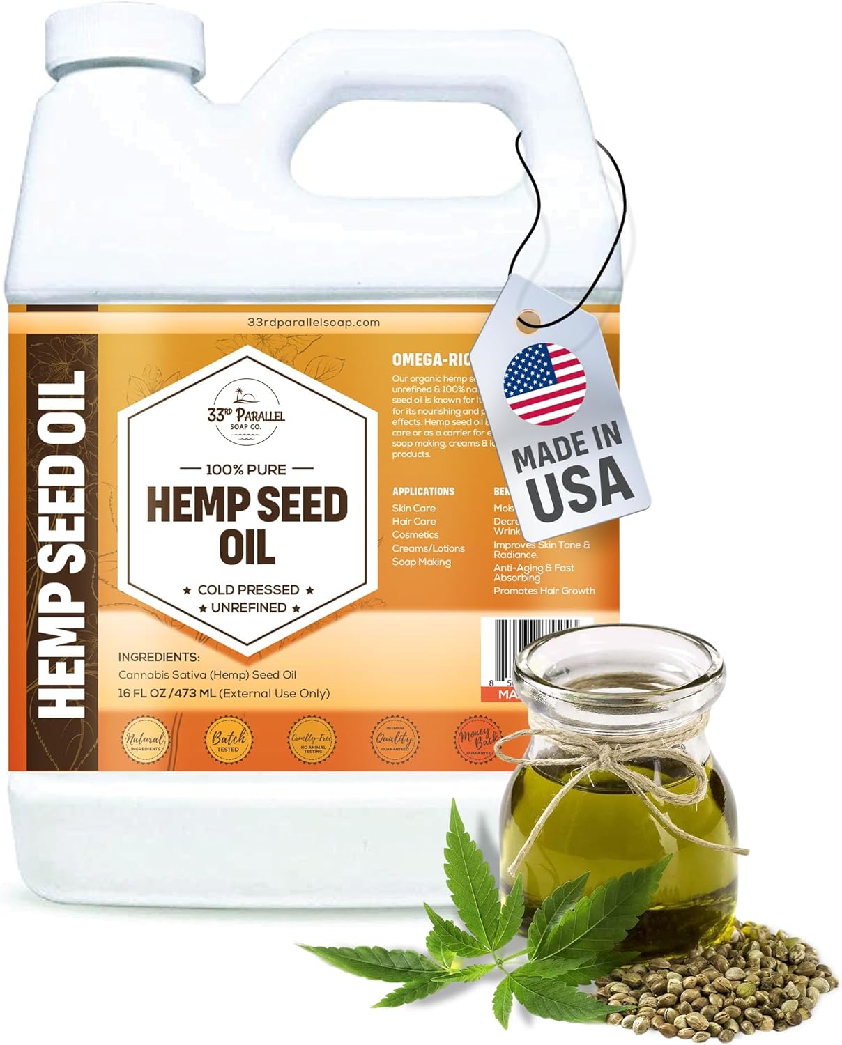 Organic Hemp Seed Oil (16 oz) Premium Cold Pressed Unrefined | 100% Pure Hemp Seed Oil for Skin, Face, Hair, Soap Making, Massage | Carrier for Essential Oils | Available in Bulk | 16 FL OZ