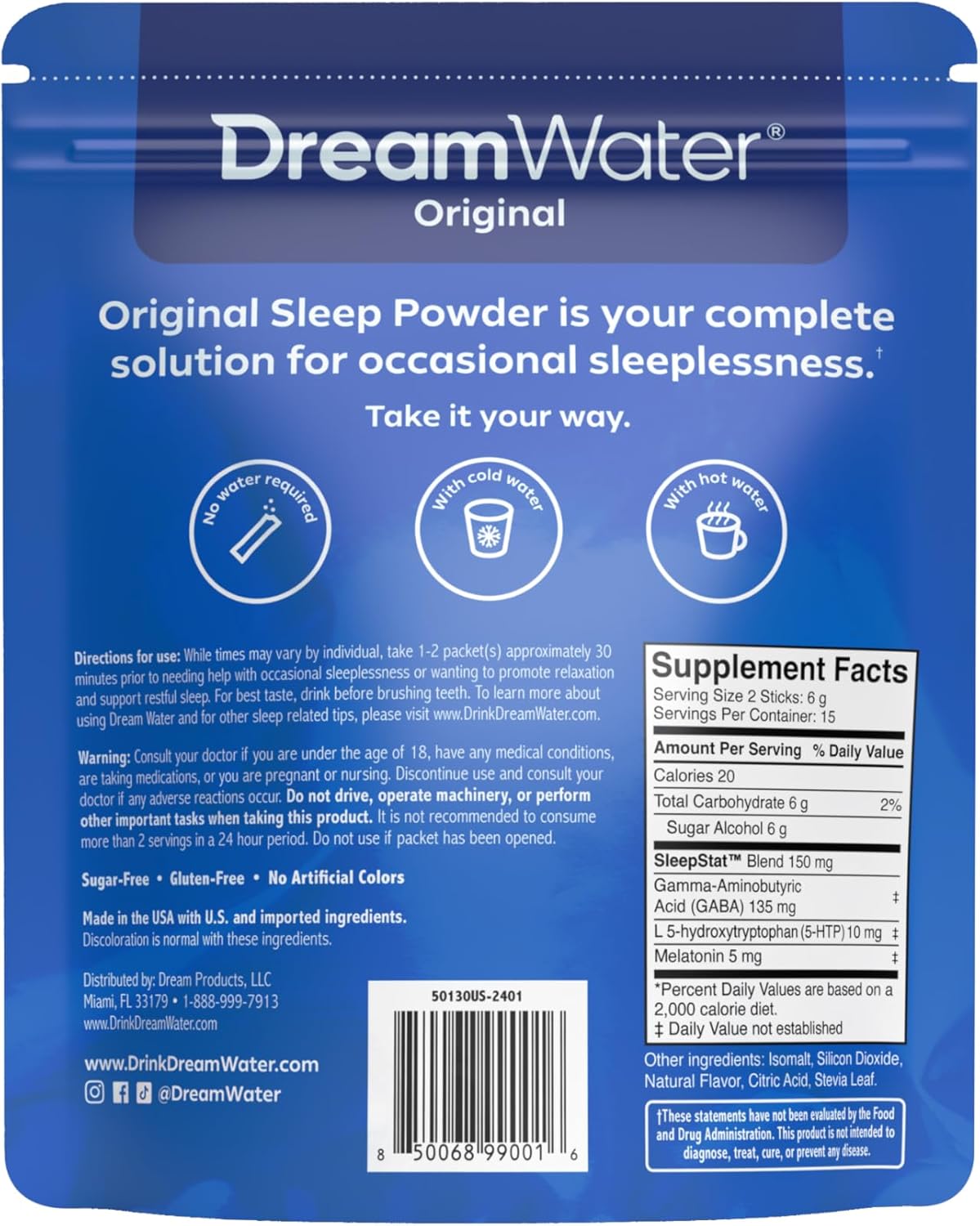 Dream Water Sleep Aid Powder; Melatonin 5mg, GABA, 5-HTP; Natural Flavors; Helps You to Fall Asleep, Fast, and Wake Refreshed; Snoozeberry, 30-Count. - Image 3