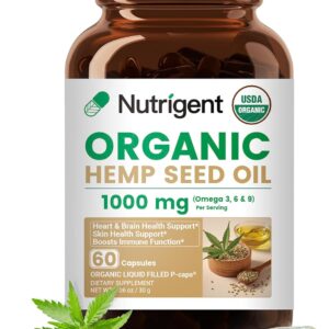 USDA Organic Hemp Seed Oil 1000 mg, Cold Pressed & 100% Pure, Plant-Based Omega 3-6-9 for Heart, Joint, Relaxation & Emotional Wellness, 60 Capsules