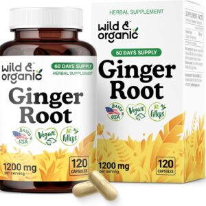 Wild & Organic Ginger Root Capsules 1200 mg - Immune & Digestive Support - Ginger Root Supplement - Zingiber Officinale Powder - 60 Days of Supply - Vegan, No Fillers, Non-GMO - 120 Count