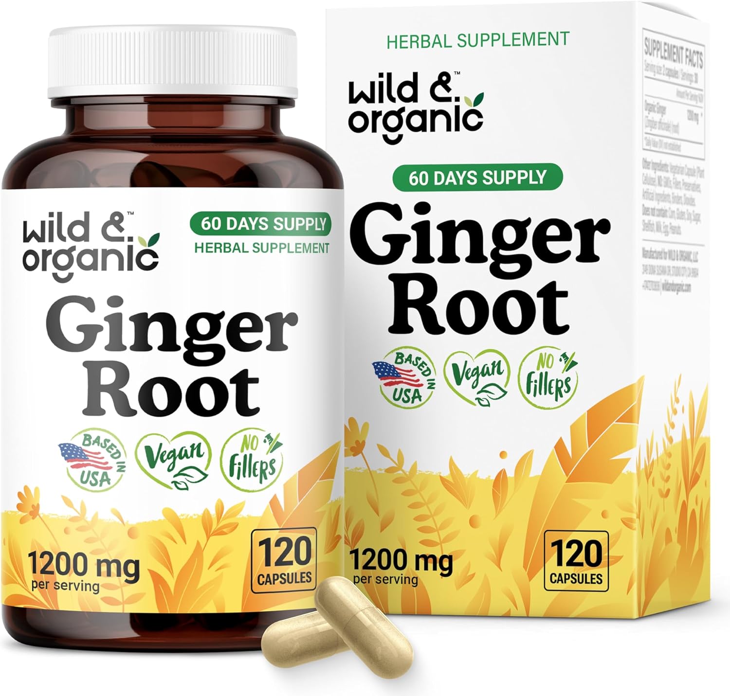 Wild & Organic Ginger Root Capsules 1200 mg - Immune & Digestive Support - Ginger Root Supplement - Zingiber Officinale Powder - 60 Days of Supply - Vegan, No Fillers, Non-GMO - 120 Count