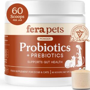Fera Pets Probiotics for Dogs & Cats with Prebiotics - USDA Organic - Gut Health Powder Supplement with 12 Strains & 5 Billion CFUs - Supports Immunity, Energy and Skin & Coat - 60 Scoops