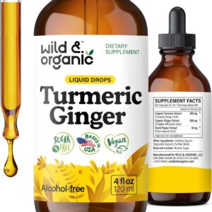 Wild & Organic Turmeric and Ginger Supplement Drops - Joint & Immune Support - Liquid Turmeric Curcumin with Black Pepper and Ginger - Curcumin Supplement - Vegan, Sugar & Alcohol-Free Tincture - 4 oz