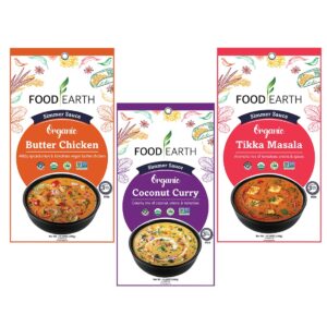 Food Earth Indian Simmer Sauces – Butter Chicken, Coconut Curry & Tikka Masala – Organic, Vegan, Gluten-Free Cooking Sauces (6 Pouches x 5.29 oz)