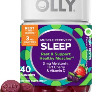 OLLY Muscle Recovery Sleep Gummies, Sleep and Sore Muscle Support, 3mg Melatonin, Tart Cherry, Vitamin D, Berry Flavor - 40 Count