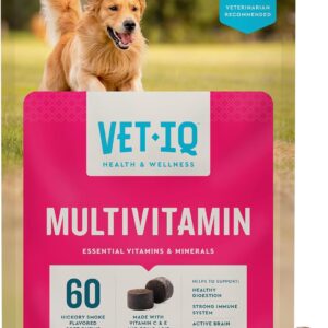 VetIQ Multivitamin Supplement for Dogs, Supports Active Brain Function, Immune System, and Digestive System, Hickory Smoke Flavored Dog Multivitamin, Made in The USA, 60 Count