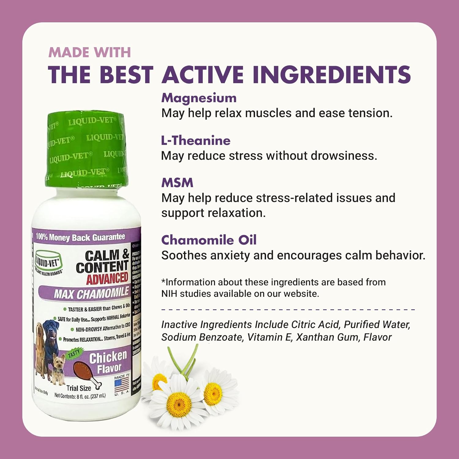 LIQUID-VET Premium Calming Dog Supplements - All Dog Essentials with Chamomile for Skin & Coat Support - Ideal for Large Breeds, Puppies, and Overall Wellness - Image 4