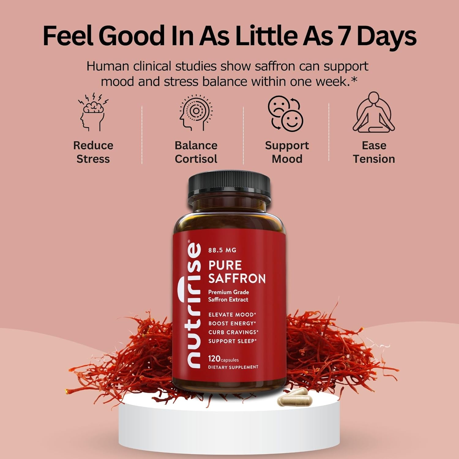 NutriRise Saffron Supplements 120 Capsules, 88.5mg Pure Extract - 4 Month Supply for Mood, Energy, Sleep, Stress & Cortisol Support - Non-GMO, Vegan & Gluten-Free for Women & Men - Image 3