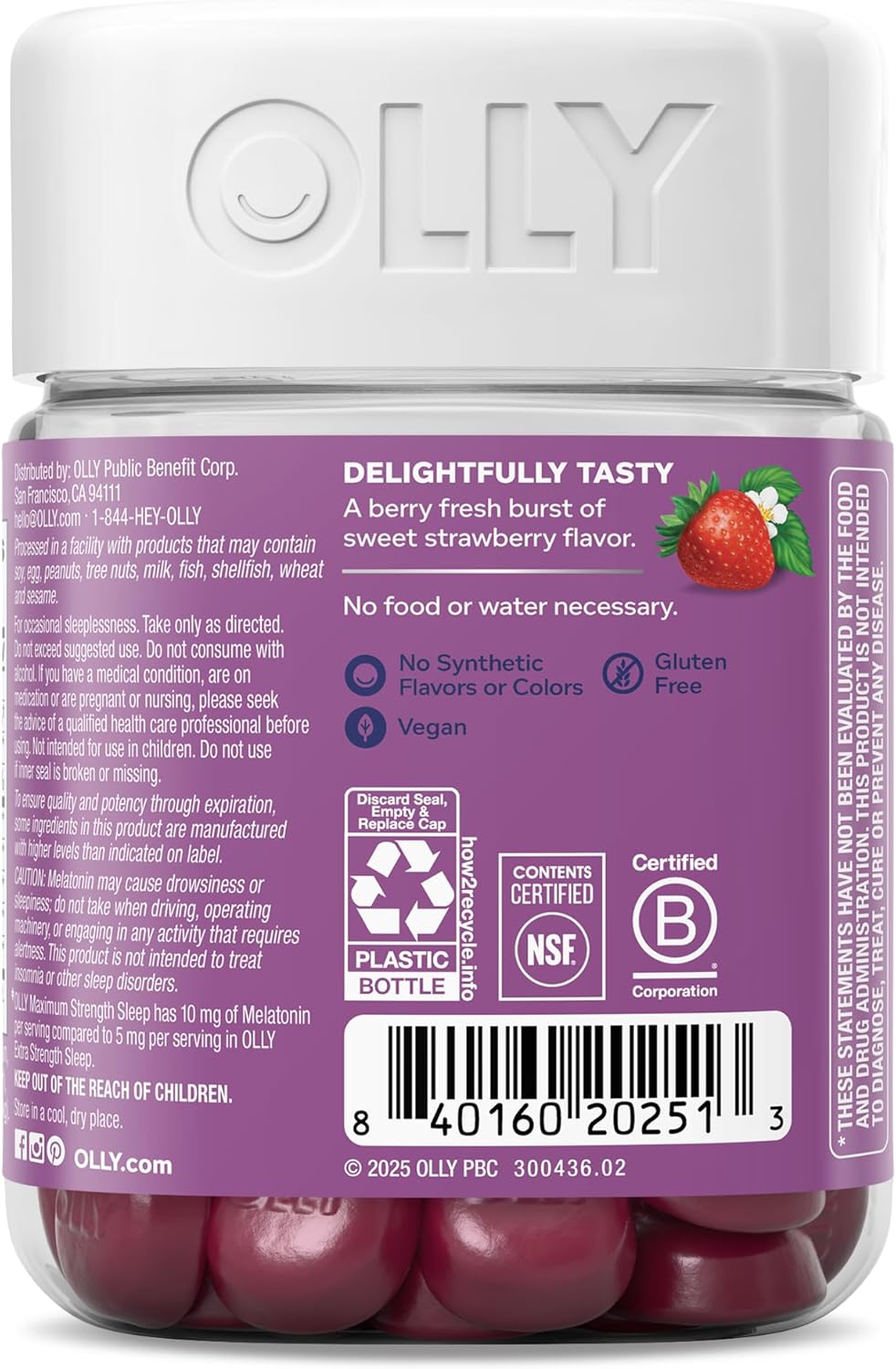 OLLY Max Strength Sleep Gummy, 10mg Melatonin, L-Theanine, Chamomile, Lemon Balm, Sugar Free, Vegetarian Sleep Aid, Strawberry - 50 Count - Image 9