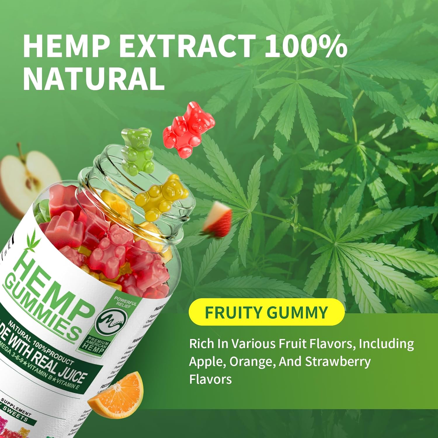 M inch 2 Pack Hemp Gummies 1 200 000mg High Strength Stress Relief Fruity Gummy Bear with Hemp Oil 100percent Natural Hemp Candy Supplements Promotes Sleep and Calm Mood 60 Count Pack of 2 - Image 3