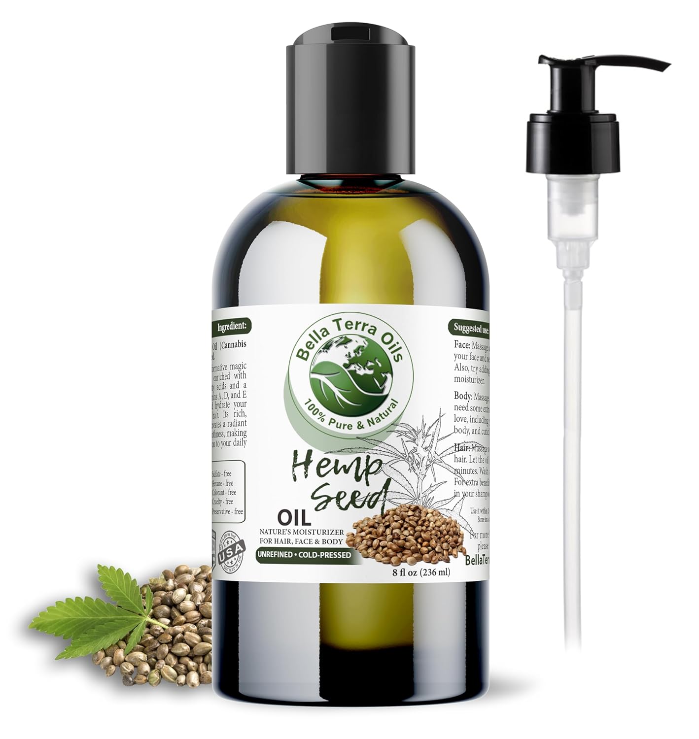 Bella Terra Oils - Hemp Seed Oil 8 oz - Cold-Pressed & Nutrient-Rich, Infused with Phytosterols, Potassium & Calcium for Skin & Hair Care