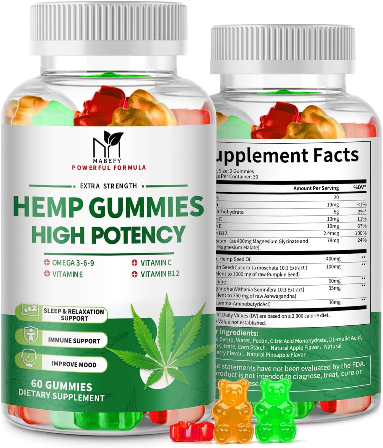 2 Pack Hemp Gummies for Sleep, Relaxation - Extra Strength with Magnesium & Vitamins - High Potency Natural Hemp Oil Extract Supplement, Vegan Gummy Bears, Fruit Flavor