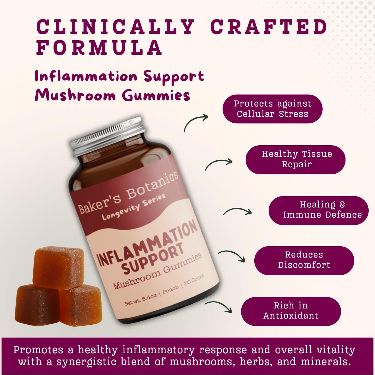 Baker's Botanics Longevity Inflammation Support Gummies - Mushroom Gummies for Complete Women Wellness | Chaga, Maitake, Turmeric, Astragalus & Zinc | Peach Flavor | Vegan, Gluten-Free, Non-GMO - Image 2