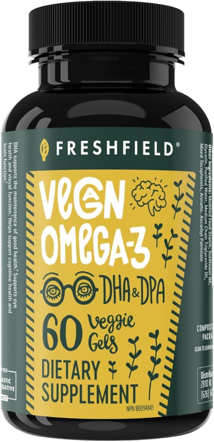 Freshfield Vegan Omega 3, Algae (Algal) Oil, Fish Oil Free Company, Third Party Tested, Carrageenan Free, DHA Supplement w/DPA, Plant Based Omega. Supports Heart, Brain, Joint Health