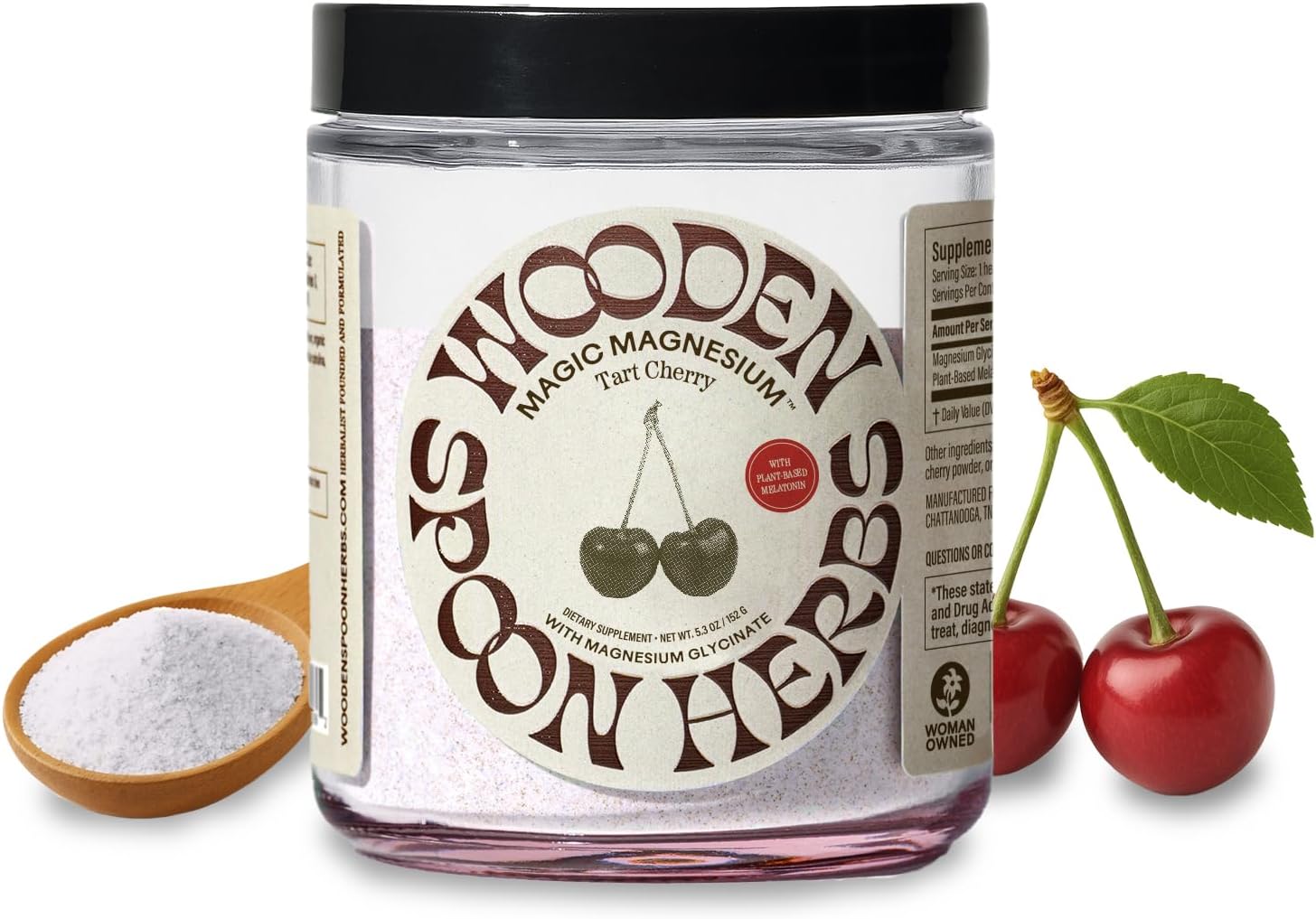 Wooden Spoon Herbs Magic Magnesium Glycinate Powder Drink Mix (Tart Cherry) | 300mg Magnesium, 0.5mg Plant-Based Melatonin | Calming Nighttime Supplement | Easy Mix Sleep Support Powder, Vegan | 3.7oz