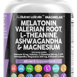 Clean Nutraceuticals Melatonin 10mg Valerian Root L Theanine 200mg Ashwagandha - Sleep Support for Women & Men with Magnesium Complex, Lemon Balm, Chamomile, & Passion Flower - 60 Caps