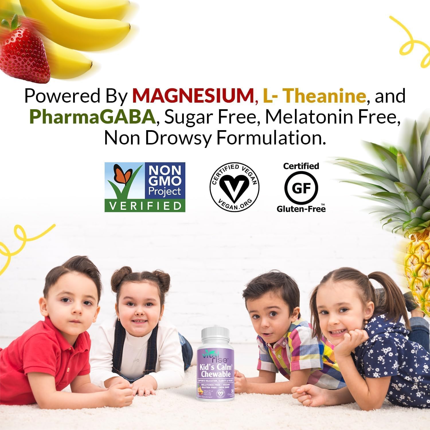 Kids Magnesium Chewable Tablets - Sugar-Free & Melatonin-Free Supplement for Calm, Focus & Healthy Stress Balance with Fast-Absorbing Magnesium + L-Theanine, Mixed Fruit Flavor (60 Count) - Image 5