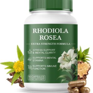 Rhodiola Rosea Supplement – Rhodiola Rosea Extract, Botanical Adaptogen Supplement for Brain, Energy & Daily Stress Support, Gluten-Free, Non-GMO, Vegetarian – 60 Capsules