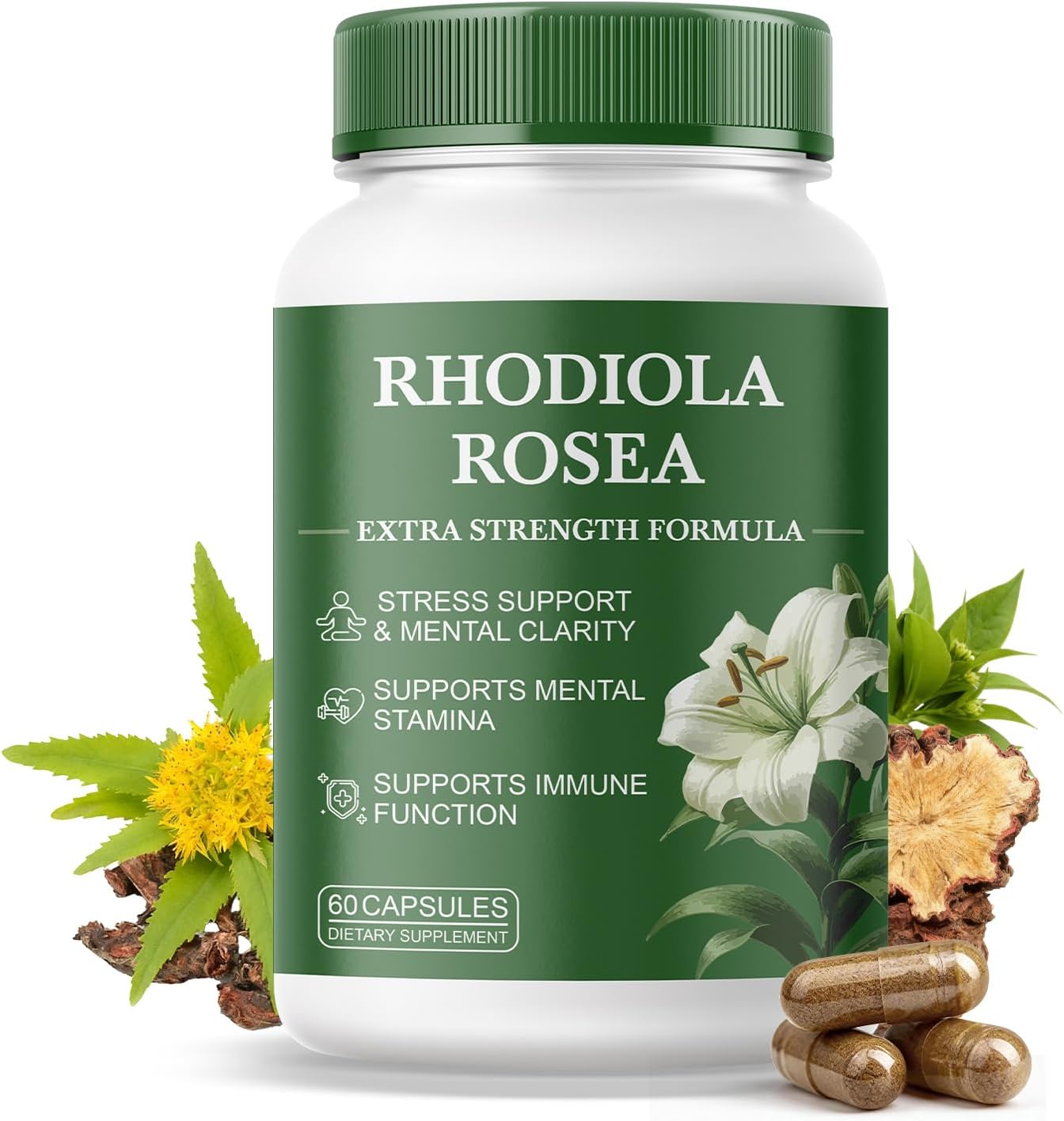 Rhodiola Rosea Supplement – Rhodiola Rosea Extract, Botanical Adaptogen Supplement for Brain, Energy & Daily Stress Support, Gluten-Free, Non-GMO, Vegetarian – 60 Capsules
