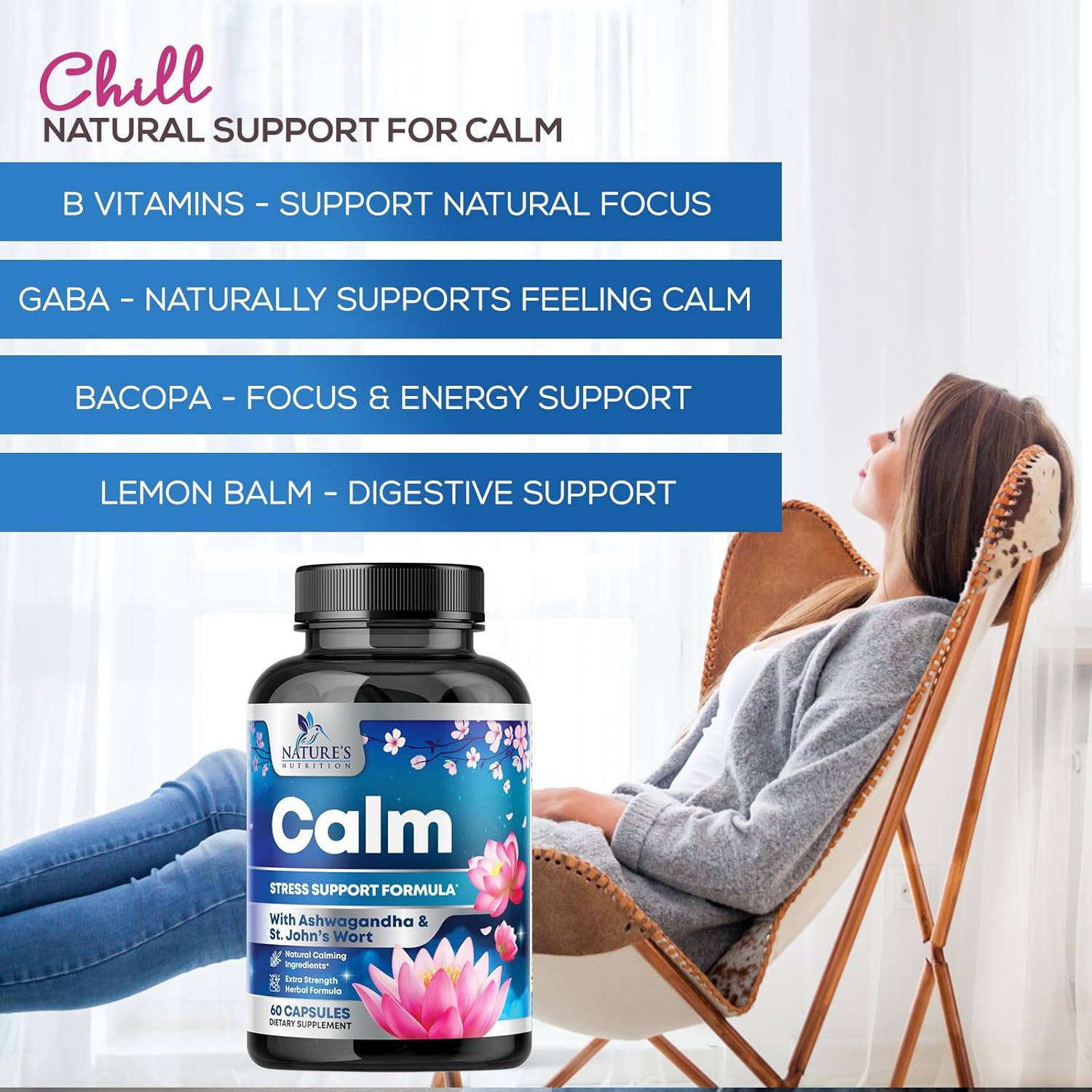 Stress Support Supplement - Extra Strength Ashwagandha, GABA, Magnesium, L-Theanine for Relief - Supports Mood & Focus - Naturally Calm, Unwind & Relax - Eases Tension & Nervousness - 60 Capsules - Image 6