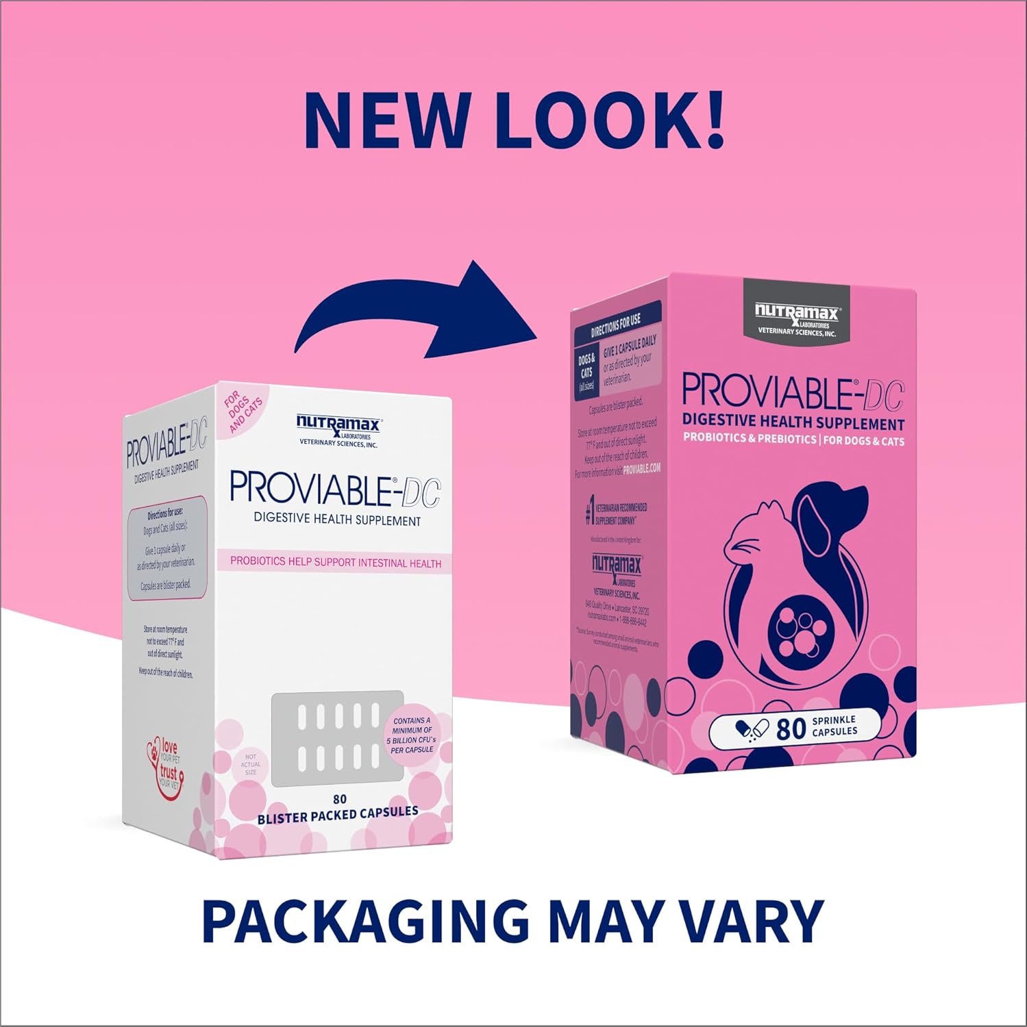 Nutramax Proviable Probiotics for Dogs and Cats, Daily Digestive Health Supplement with Multiple Strains of Bacteria, Cat and Dog Probiotics Plus Prebiotics, 80 Capsules - Image 2