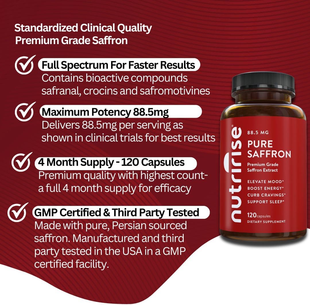 NutriRise Saffron Supplements 120 Capsules, 88.5mg Pure Extract - 4 Month Supply for Mood, Energy, Sleep, Stress & Cortisol Support - Non-GMO, Vegan & Gluten-Free for Women & Men - Image 8