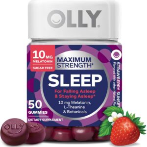 OLLY Max Strength Sleep Gummy, 10mg Melatonin, L-Theanine, Chamomile, Lemon Balm, Sugar Free, Vegetarian Sleep Aid, Strawberry - 50 Count